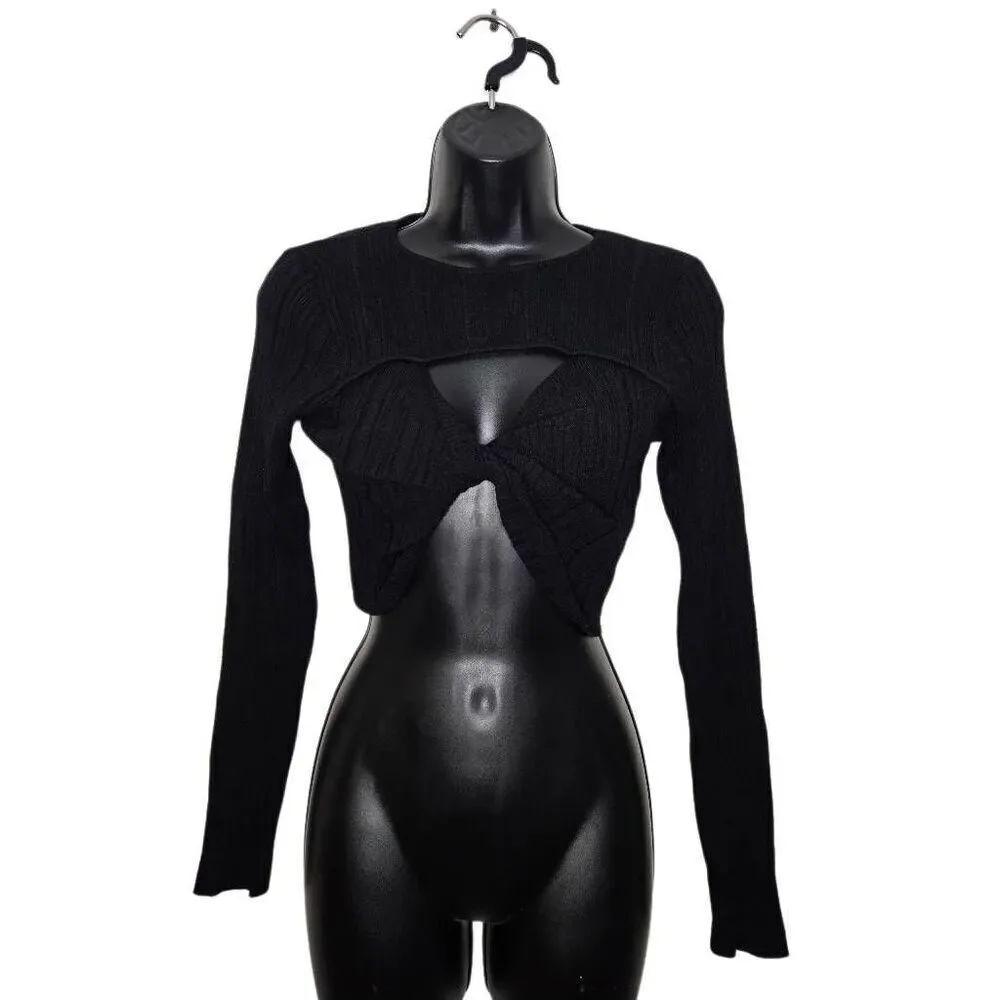 Pol Cropped Sweater Size Large Keyhole Black Long Sleeve NWT